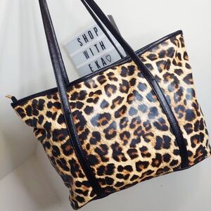 Black and leopard faux leather tote bag